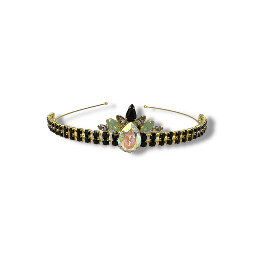 Art Deco Swarovski Accented Crystal Tiara - Noir Black/18K Gold