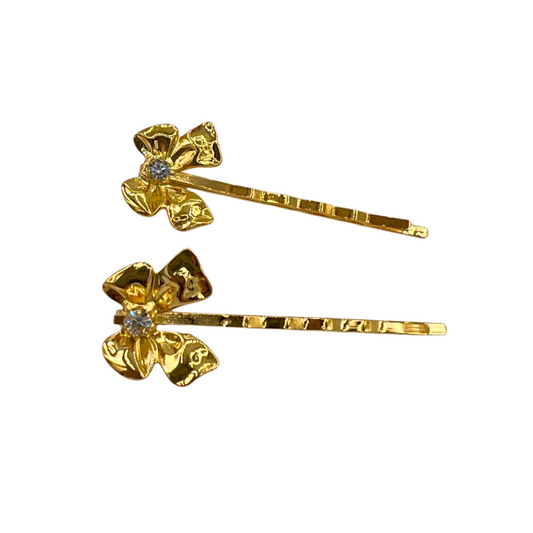 Ballet Bow, Bobby Pin Set with Bows and Sparkling Clear Swarovski Crystals - 18K Gold