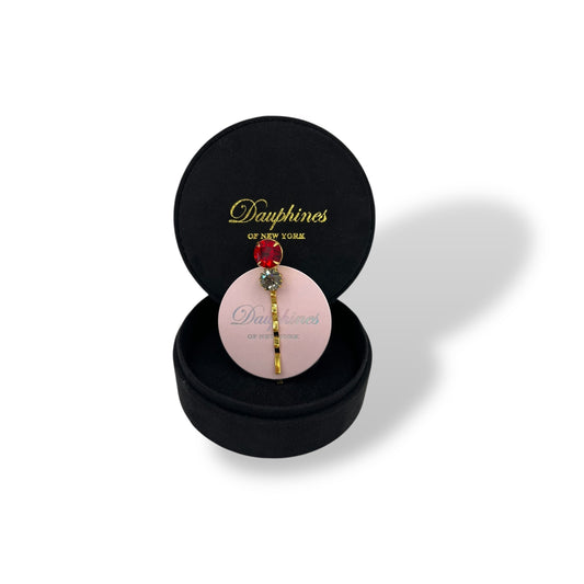 Candy Apple, Bobby Pin with Ruby Red and Smoke Swarovski Crystal Accents - 18K Gold