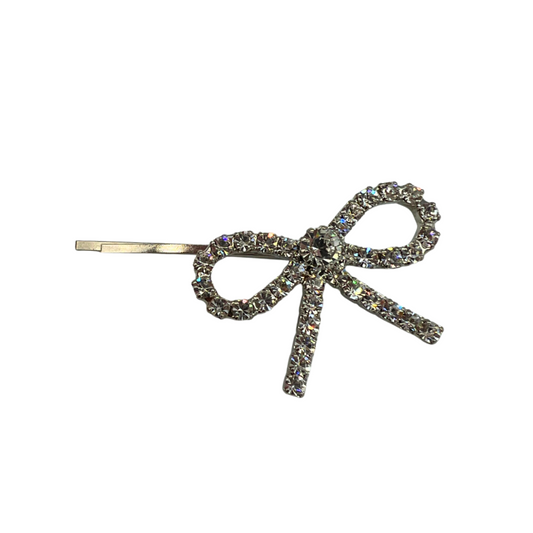 Classic Bow Bobby Pin featuring Sparkling Clear Crystal Bow Accent - Silver