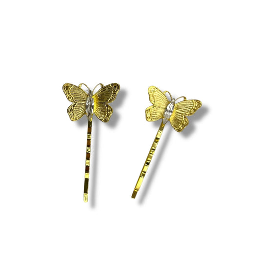 Flutter Duo, Bobby Pin Set of Two, with Butterfly and Swarovski Crystal Accent - 18K Gold