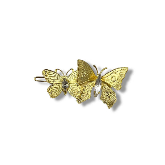 Golden Duo Hair Barrette with Butterfly Accents - 18K Gold