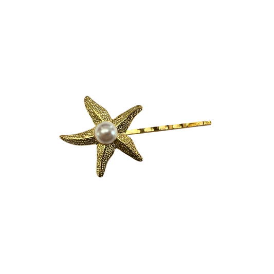 Sea Star, Bobby Pin with Starfish and Swarovski Classic Pearl Accent - 18K Gold
