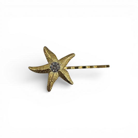 Sea Star, Bobby Pin with Starfish and Swarovski Crystal Accent - 18K Gold
