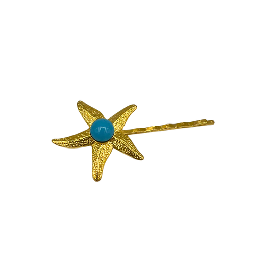 Sea Star, Bobby Pin with Starfish and Swarovski Turquoise Pearl Accent - 18K Gold
