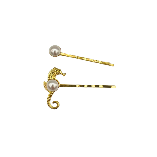 Seahorse, Bobby Pin Set with Seahorse and Swarovski Classic Pearl - 18K Gold
