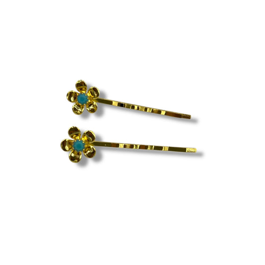 Turquoise Bloom, Bobby Pin Set with Flowers and Turquoise Swarovski Crystals - 18K Gold