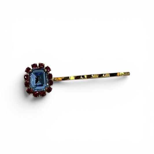Capri, Bobby Pin with Blue Centerpiece and Fuchsia Accents - 18K Gold