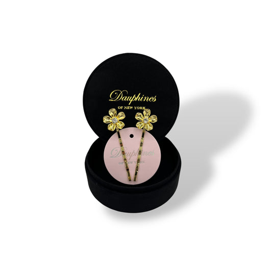 Pretty Flower Bobby Pins, Set of Two - 18K Gold with Sparkling Clear Swarovski Crystal