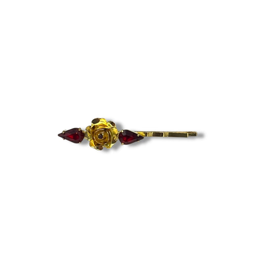 Ruby Flower, Bobby Pin with Ruby Gemstone and Ruby Swarovski Crystal Accents - 18K Gold