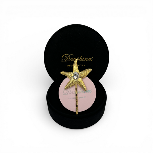 Sea Star, Bobby Pin with Starfish and Swarovski Crystal Accent - 18K Gold
